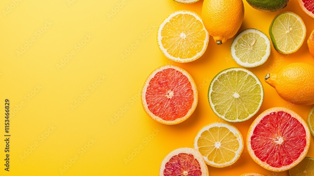 Vibrant citrus assortment on a bright yellow backdrop Vibrant citrus assortment on a bright yellow backdrop