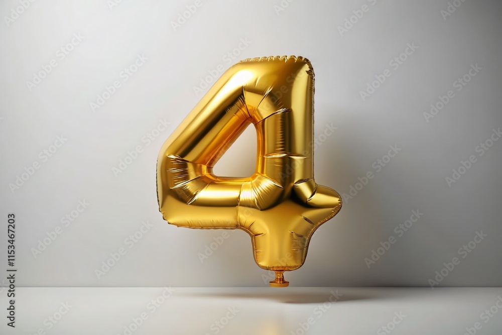 Golden Number Four Balloon, White Background - Elegant Party Decoration Stock Photo Golden Number Four Balloon, White Background - Elegant Party Decoration Stock Photo