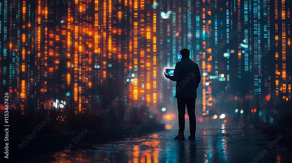 A Man Stands Before A Digital Data Wall At Night A Man Stands Before A Digital Data Wall At Night