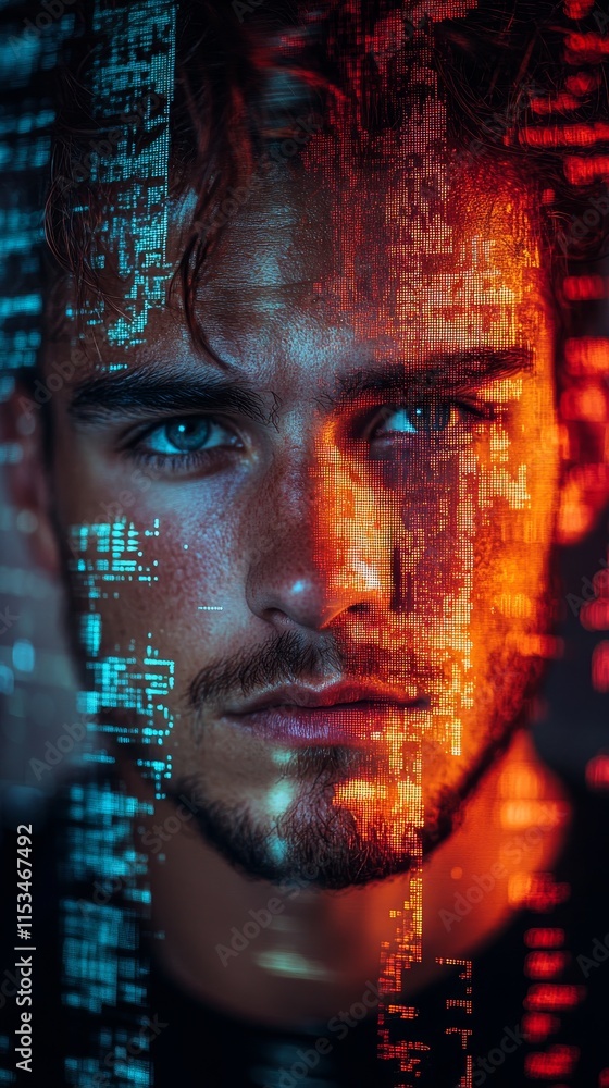 Man’s face with digital blue and red code patterns overlaying, creating a futuristic, cybernetic effect