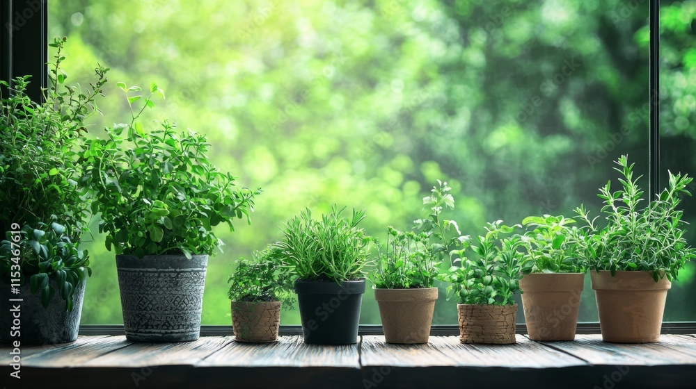 Potted plants on a sunny windowsill Potted plants on a sunny windowsill