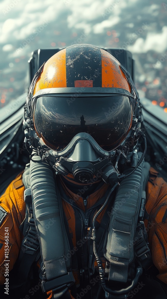 Fototapeta premium Pilot wearing an orange flight suit and helmet sits inside an aircraft cockpit, with a blurred aerial view outside