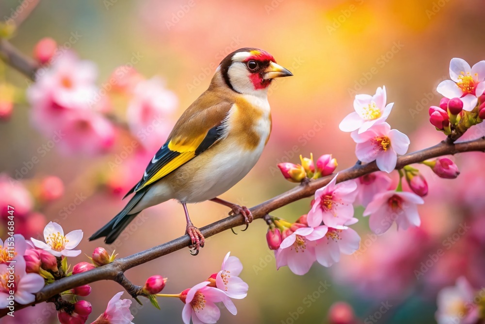 Goldfinch on Blossom Branch: Stunning Drone Aerial Photo Goldfinch on Blossom Branch: Stunning Drone Aerial Photo
