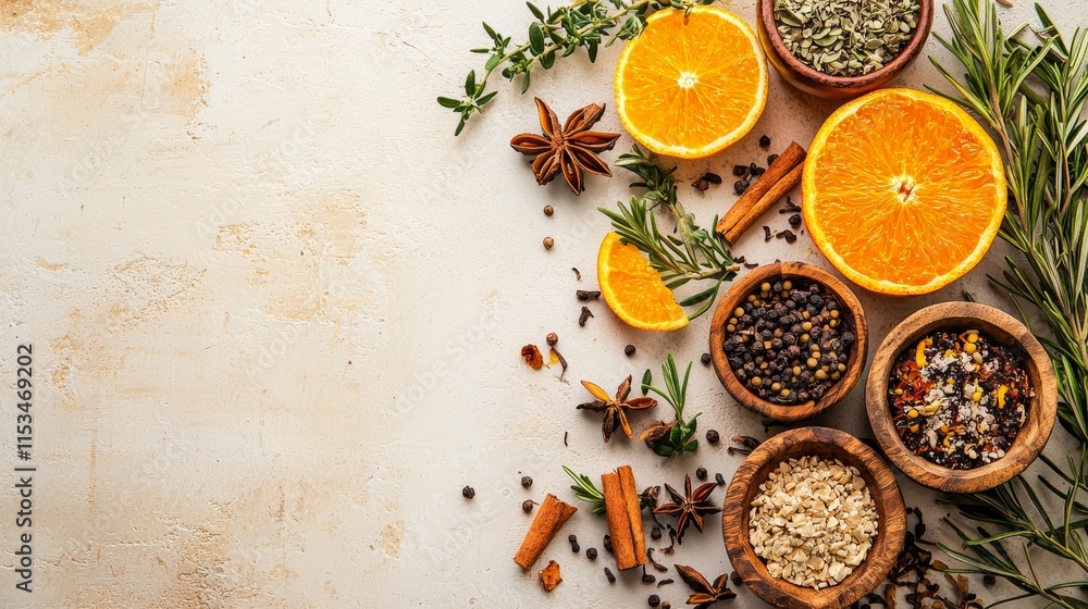 Citrus and spice arrangement on neutral background Citrus and spice arrangement on neutral background