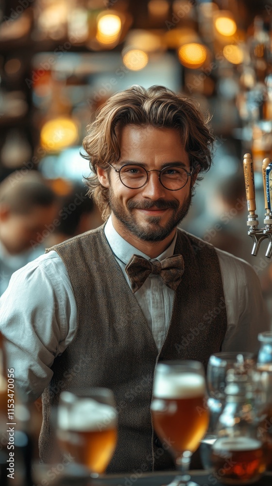 Bearded man with glasses and a bow tie stands behind a bar, smiling, with blurred people and drinks Bearded man with glasses and a bow tie stands behind a bar, smiling, with blurred people and drinks