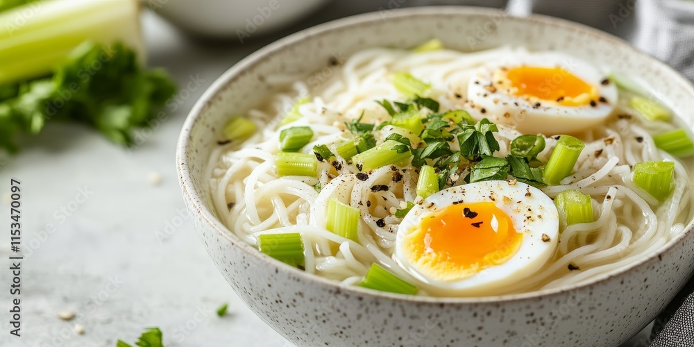 Delicious rice noodle soup served in a bowl, featuring celery and egg, captured in a closeup on a light grey table, highlighting the flavors of rice noodle soup in every detail. Delicious rice noodle soup served in a bowl, featuring celery and egg, captured in a closeup on a light grey table, highlighting the flavors of rice noodle soup in every detail.