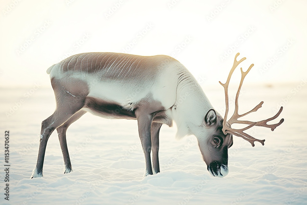 reindeer with its majestic antlers grazing in snow arctic tundra stretching endlessly behind it reindeer with its majestic antlers grazing in snow arctic tundra stretching endlessly behind it