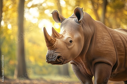 portrait of rare white rhino with soft background blur rhino stands proudly in its natural habitat with light streaming photo