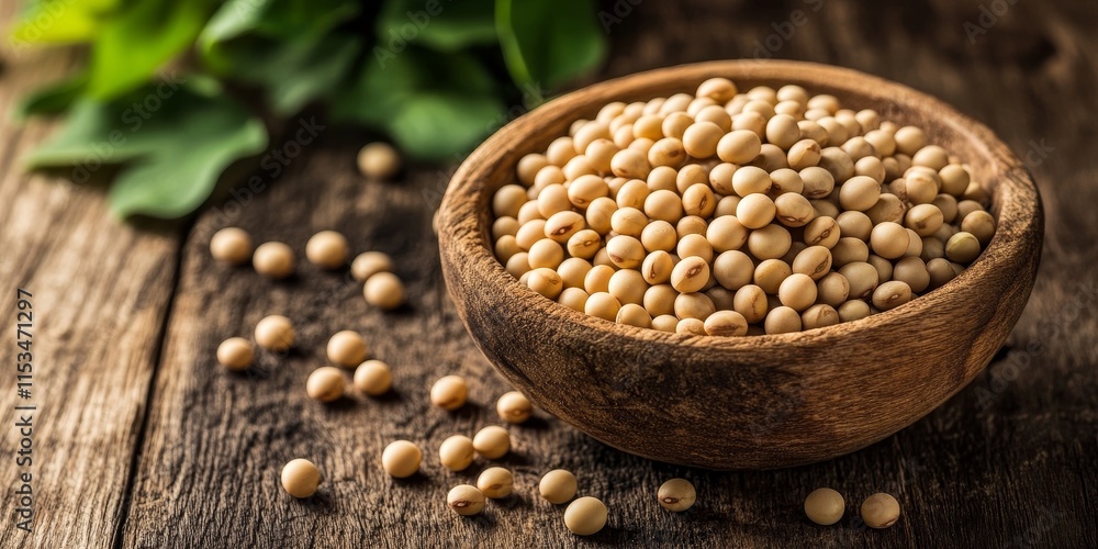 Raw soybeans are beautifully arranged in a wooden bowl, creating a stunning focus on the raw soybeans, all set against the backdrop of a rustic wooden table for an appealing natural display. Raw soybeans are beautifully arranged in a wooden bowl, creating a stunning focus on the raw soybeans, all set against the backdrop of a rustic wooden table for an appealing natural display.