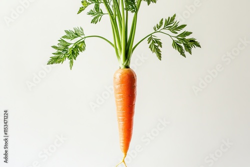 vibrant orange carrot with fresh green stem displayed against white background photo