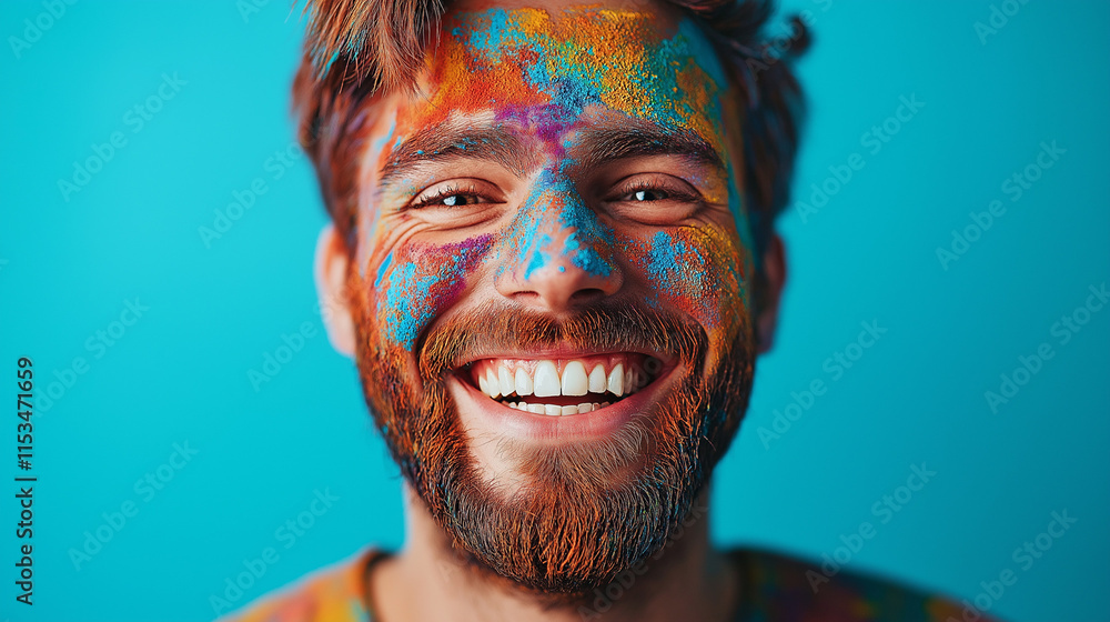 Smiling man with colorful Holi paint on his face. Smiling man with colorful Holi paint on his face.