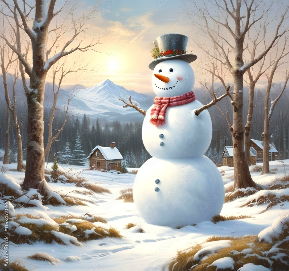 Obraz premium Illustration of snowman with winter landscape.