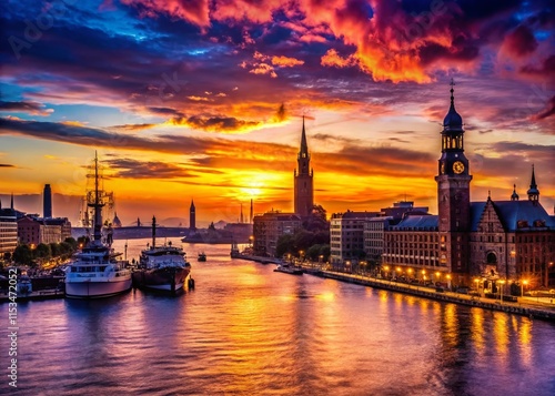 Hamburg Cityscape Silhouette at Sunset - Dramatic Skyline Stock Photo