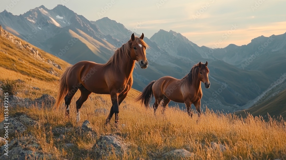 Obraz premium Majestic wild horses roam amidst breathtaking mountain scenery, showcasing the beauty of wild horses in a stunning natural landscape. Experience the allure of wild horses against vibrant mountain