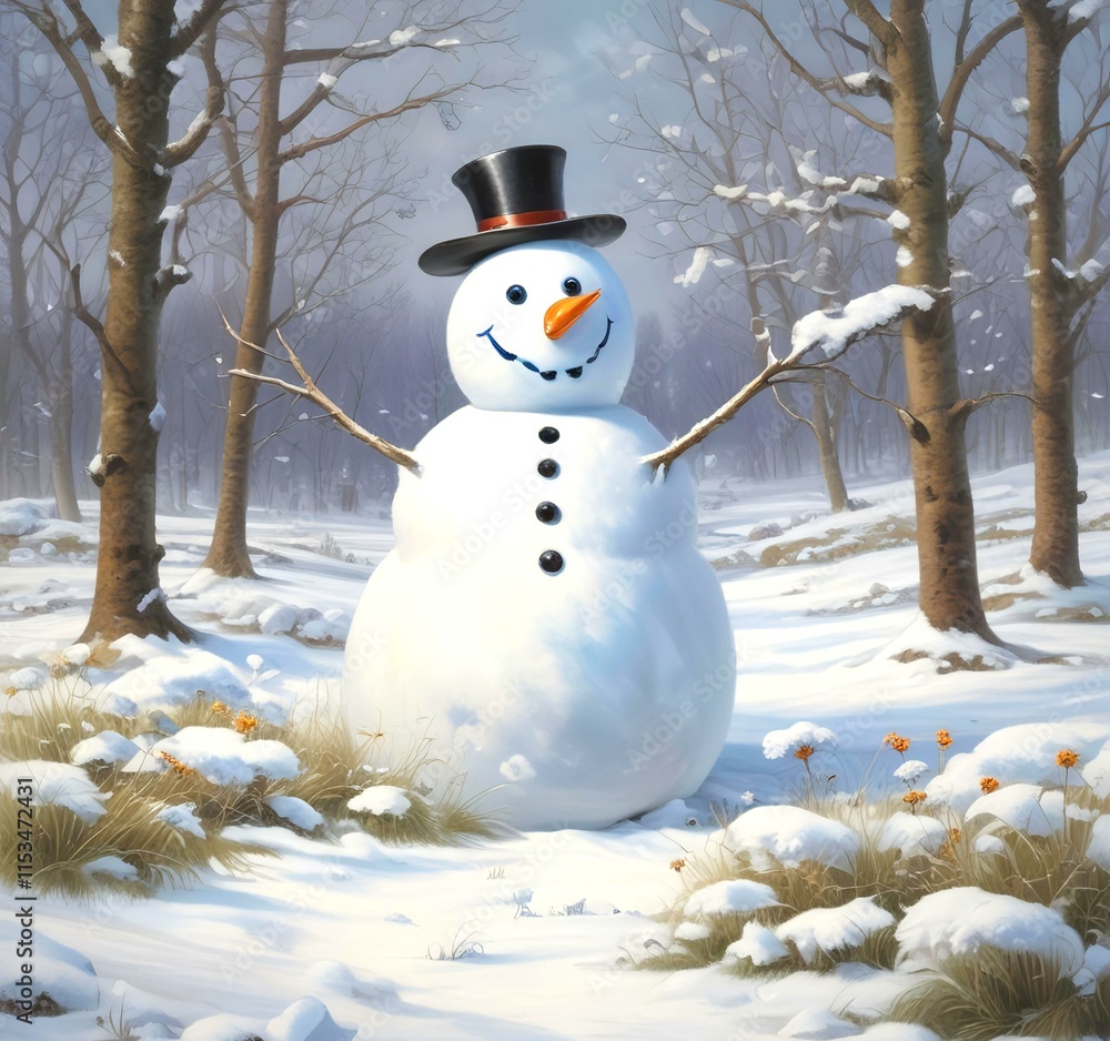 Obraz premium Illustration of snowman with winter landscape.