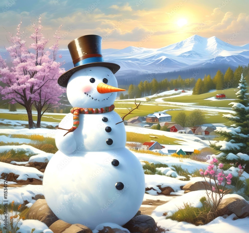 Obraz premium Illustration of snowman with winter landscape.