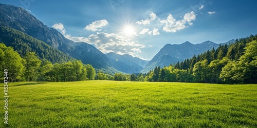 Wallpaper Mural Stunning view of a vibrant green meadow surrounded by majestic high mountains in a picturesque alpine landscape, showcasing the beauty of nature and a serene environment. Torontodigital.ca