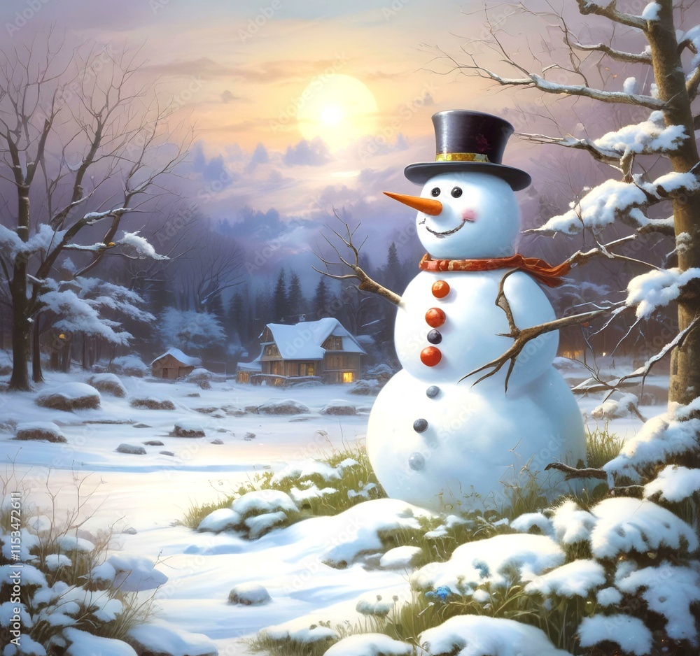 Obraz premium Illustration of snowman with winter landscape.
