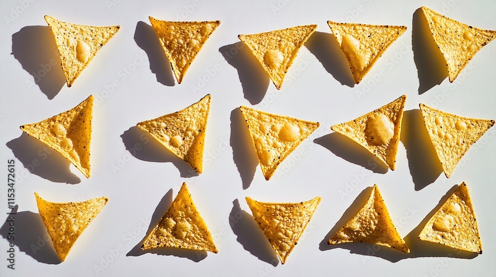 flat lay of evenly spaced tortilla chips forming grid pattern on reflective matte surface under bright studio light flat lay of evenly spaced tortilla chips forming grid pattern on reflective matte surface under bright studio light