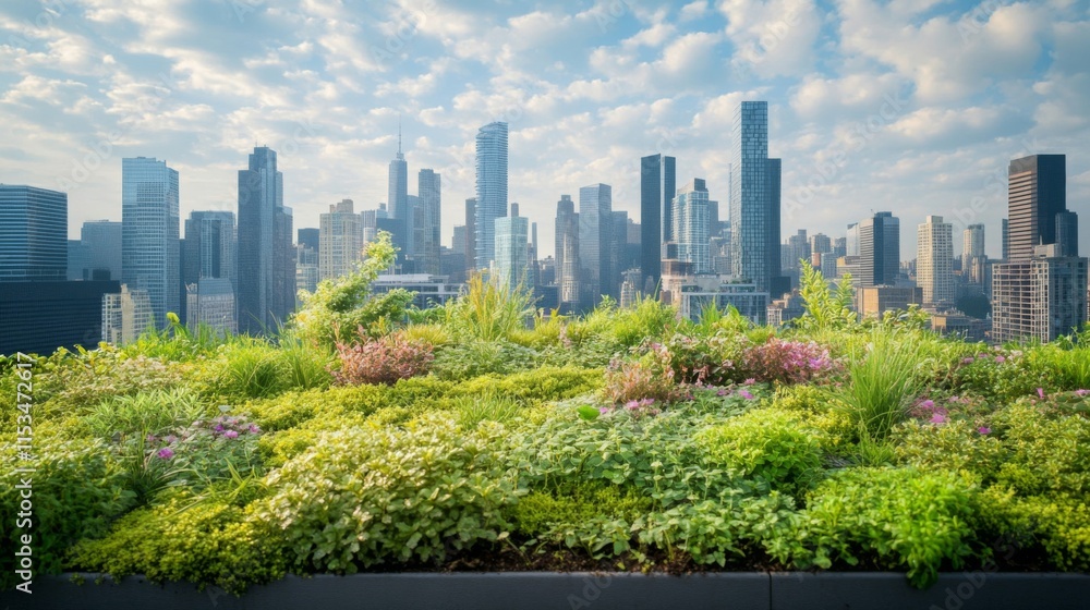 Fototapeta premium Green Rooftop Garden Overlooking a City Skyline