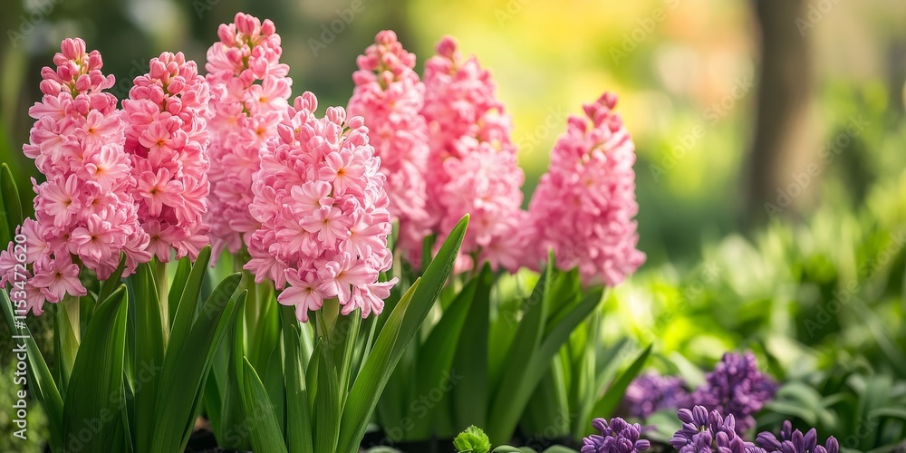 Obraz premium Vibrant pink hyacinths blooming in a lush garden, showcasing the beauty of pink hyacinths and their enchanting colors amidst the greenery in a serene outdoor setting.