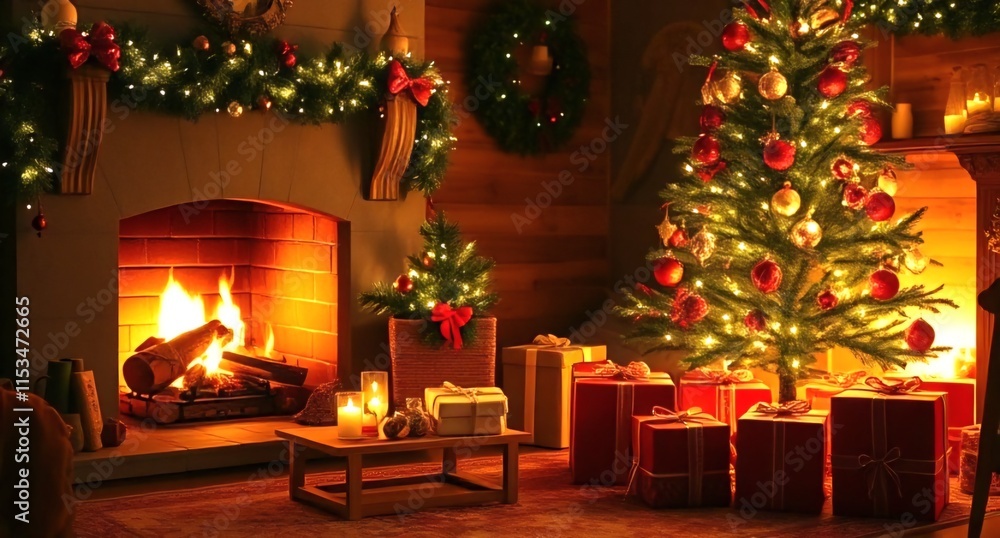 A cozy living room decorated for the holidays features a brightly lit Christmas tree, gifts wrapped in colorful paper, and a warm fire crackling in the fireplace. A cozy living room decorated for the holidays features a brightly lit Christmas tree, gifts wrapped in colorful paper, and a warm fire crackling in the fireplace.