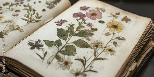 Herbarium book featuring dried flowers and plants on paper pages for study. Explore the intricate details of flora through the unique presentation in this herbarium book.
