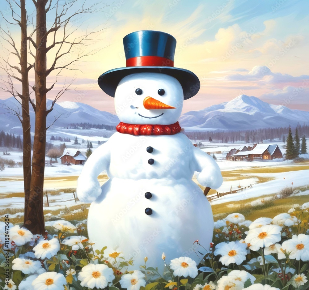 Obraz premium Illustration of snowman with winter landscape.