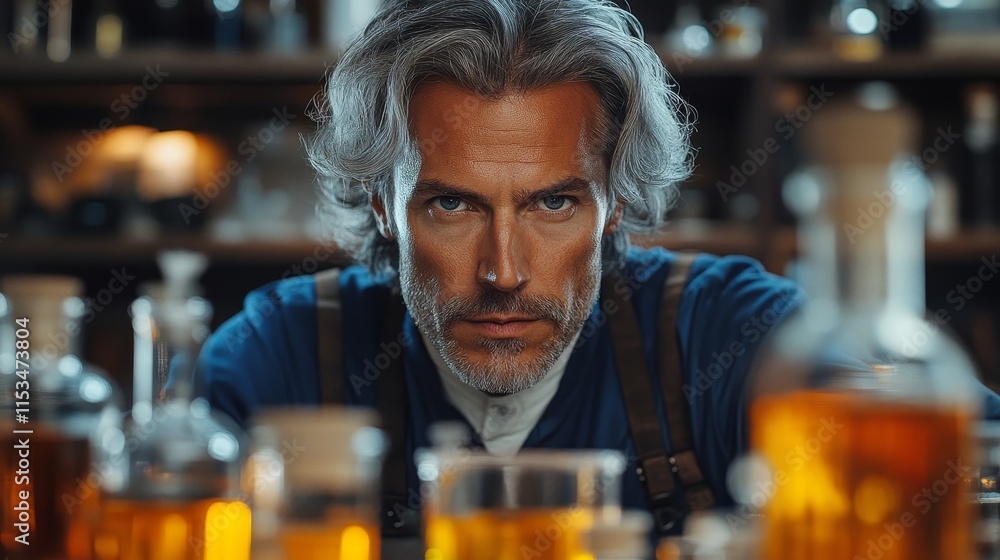 Man with gray hair and beard, wearing blue, surrounded by various glass containers with golden liquids in a workshop Man with gray hair and beard, wearing blue, surrounded by various glass containers with golden liquids in a workshop