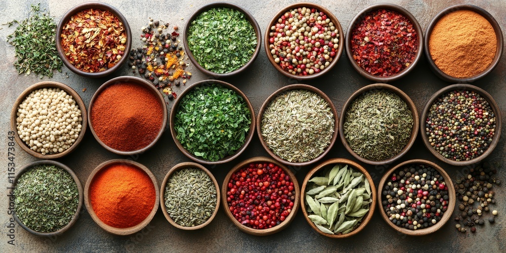 An array of spices and herbs beautifully arranged on a table, showcasing vibrant colors and diverse textures, perfect for any culinary enthusiast who loves spices and herbs. An array of spices and herbs beautifully arranged on a table, showcasing vibrant colors and diverse textures, perfect for any culinary enthusiast who loves spices and herbs.