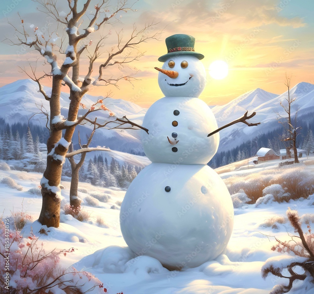 Obraz premium Illustration of snowman with winter landscape.