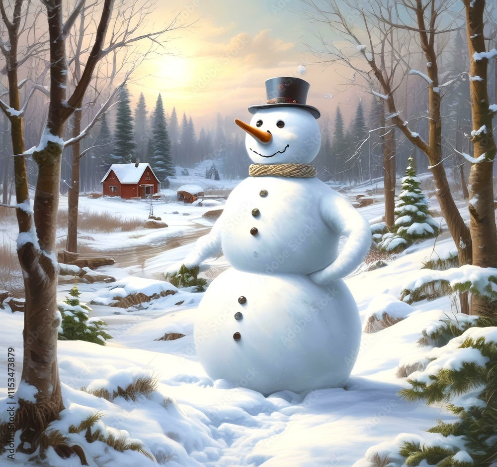 Obraz premium Illustration of snowman with winter landscape.