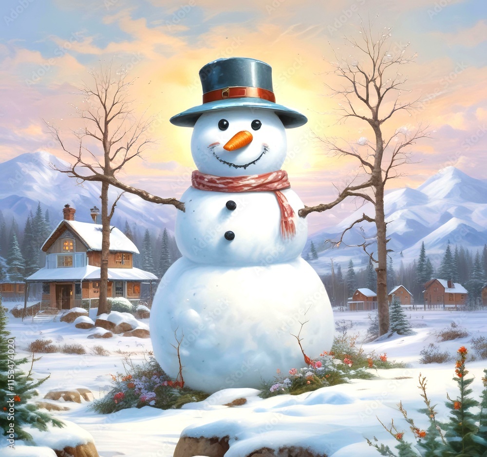 Obraz premium Illustration of snowman with winter landscape.