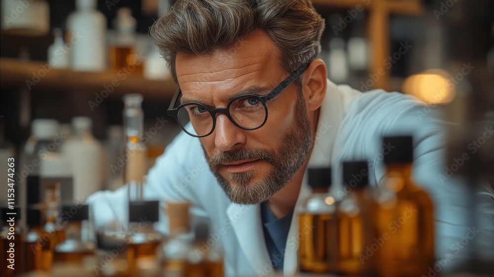 Bearded man wearing glasses and a lab coat is surrounded by various brown bottles and scientific equipment in a laboratory Bearded man wearing glasses and a lab coat is surrounded by various brown bottles and scientific equipment in a laboratory