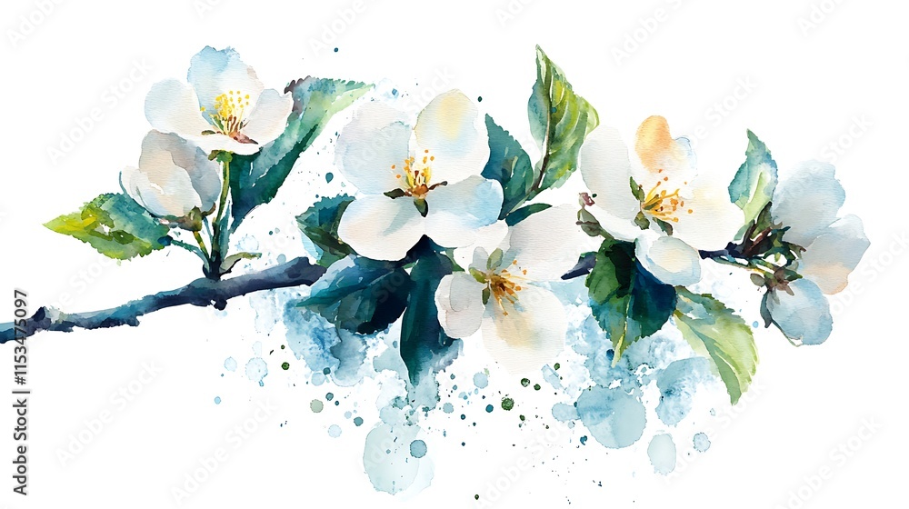 Fototapeta premium Delicate Watercolor Painting: Spring Blossoms Gently Flourishing on Branch. AI Generated