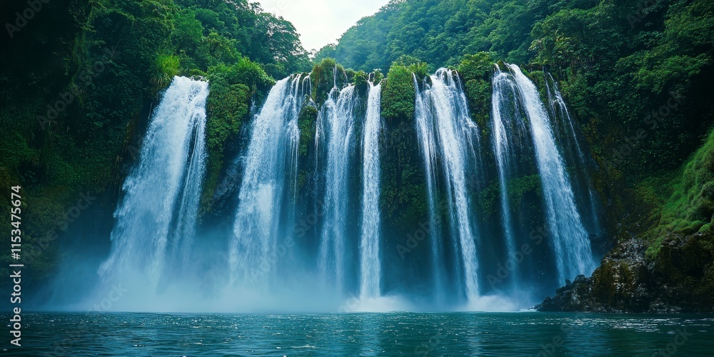 Obraz premium Captivating vision of water cascading down a magnificent waterfall, showcasing the natural beauty of water falling in a breathtaking display. Witness the power of water in this stunning imagery.