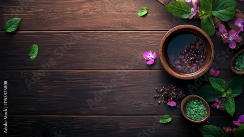 Herbs and spices on a dark wooden surface photo