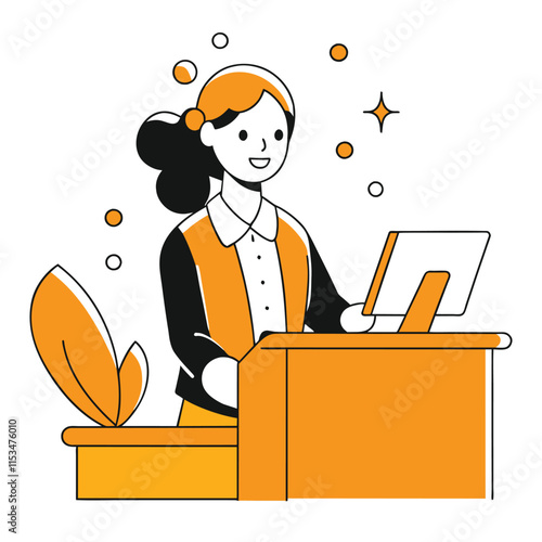 Happy woman working at a computer smiling and engaged