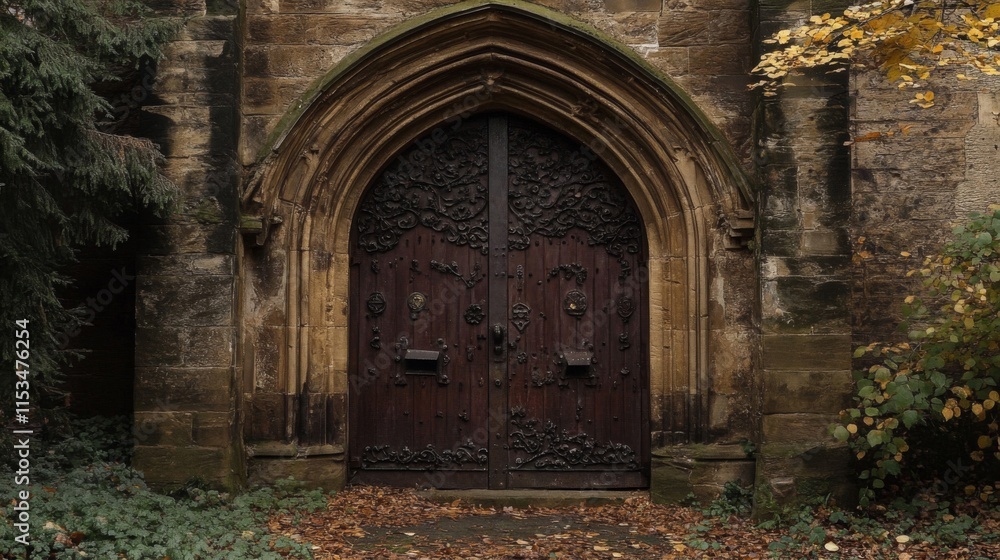 Ornate Wooden Door in Ancient Stone Archway Ornate Wooden Door in Ancient Stone Archway