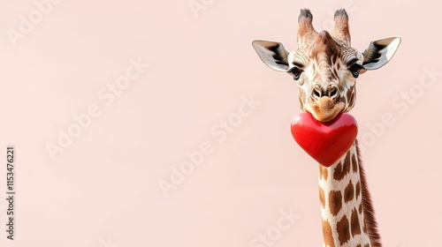 A cute and funny giraffe with lovely heart on the light pink background with a copy space
