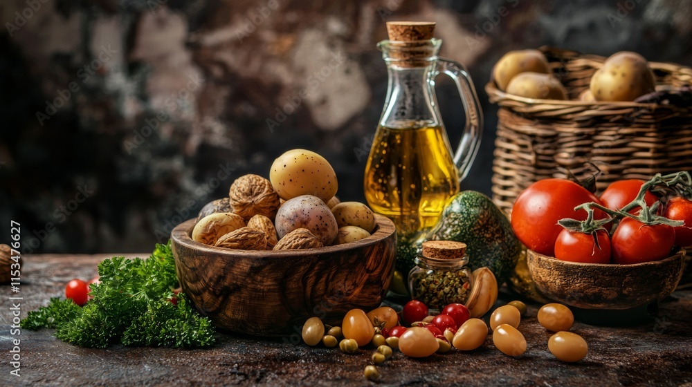 Rustic wooden table with fresh vegetables and olive oil Rustic wooden table with fresh vegetables and olive oil