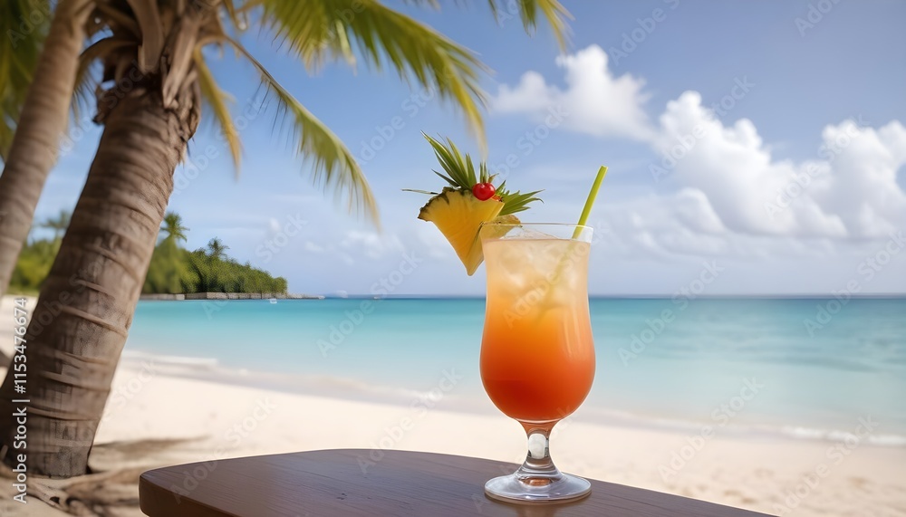 A cocktail on a tropical beach with palm trees in the background A cocktail on a tropical beach with palm trees in the background