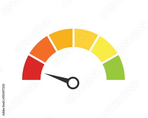 Score meter. Scale meter score level icon. Speedometer gauge indicator. Energy efficiency and consumer satisfaction rate measure UI. Indication lines. Dial with arrows and scale.