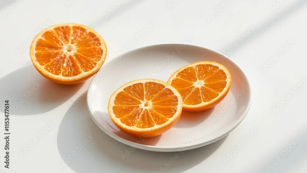 Perfectly sliced orange halves arranged neatly on a smooth white ceramic plate Perfectly sliced orange halves arranged neatly on a smooth white ceramic plate