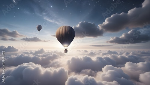 A hot air balloon flying high above the clouds with the stars in the night sky in the background