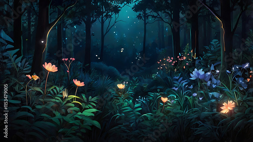 illustration of glowing flowers on forest night background with heart, love shaped forest wallpaper
