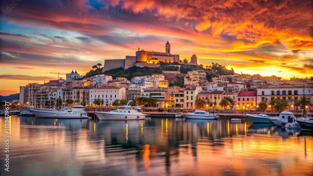 Fototapeta premium Ibiza Dalt Vila: Stunning Old Town & Harbour Sunset Panorama