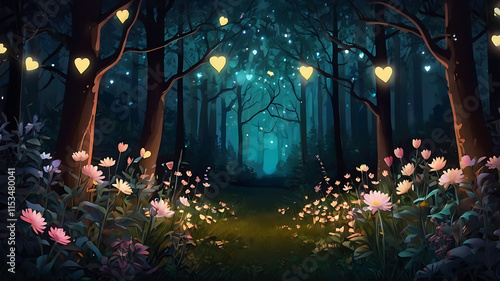 illustration of glowing flowers on forest night background with heart, love shaped forest wallpaper
