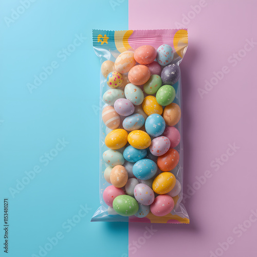 Colorful assortment of Easter candy eggs in a clear bag, set against a split pastel background.