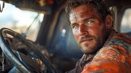 Rugged, dirt-covered man with a serious expression sits in a dusty vehicle, wearing an orange shirt and looking outside